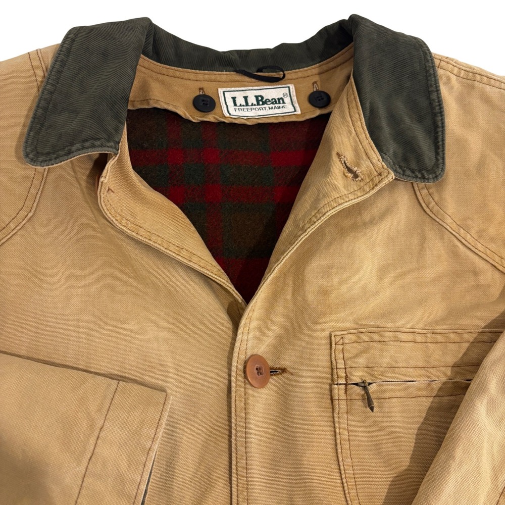 LL Bean Field Barn Coat Jacket Mens XL Tan Canvas Red Wool Plaid Lined Vintage - Picture 11 of 12